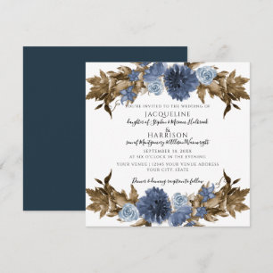 Dusty Blue Navy Floral Herfst Brown Foliage Weddin Kaart