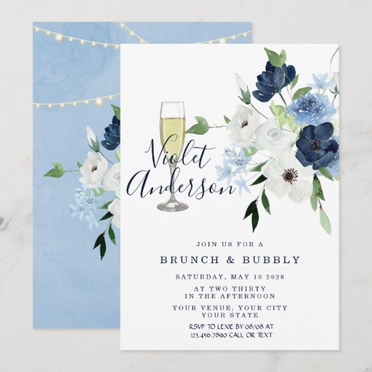 Dusty Blue Navy Floral Lights Brunch & Bubble Kaart (Voorkant / Achterkant)