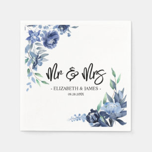 Dusty Blue Navy Floral Mr & Mrs Wedding Servet
