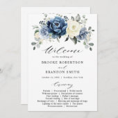 Dusty Blue Navy Ivoor Floral Wedding Program Kaart (Voorkant / Achterkant)