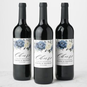 Dusty Blue Navy Mousserende Wijn Ivoor Bloemen Bru Etiket