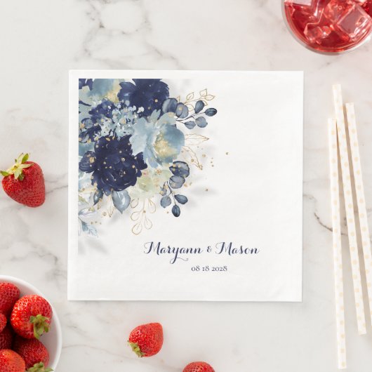 Dusty Blue Navy Peony & Eucalyptus Gold Floral Servet (Insitu)