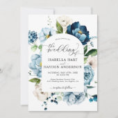 Dusty Blue Navy pioen alles in 1 QR Code bruiloft Kaart (Voorkant)