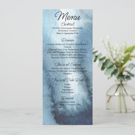 Dusty blue navy waterverf Wedding Menu (Staand voorkant)