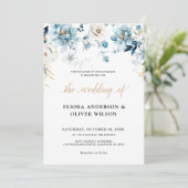 Dusty Blue Navy White Ivory Gold Floral Wedding Kaart (Staand voorkant)
