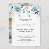 Dusty Blue Navy White Ivory Gold Floral Wedding Kaart (Voorkant / Achterkant)