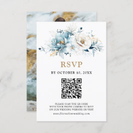 Dusty Blue Navy White Ivory Gold Floral Wedding RS RSVP Kaartje