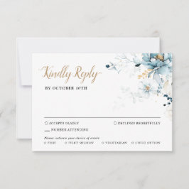 Dusty Blue Navy White Ivory Gold Floral Wedding RS RSVP Kaartje