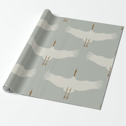 Dusty Blue Neutral Birds Cranes Art Deco Patroon Cadeaupapier (Uitgerold)