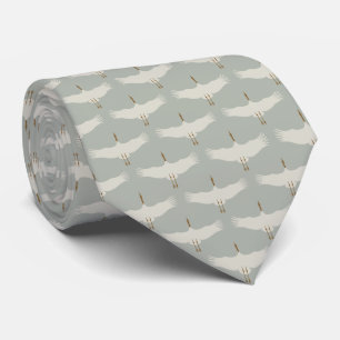 Dusty Blue Neutral Birds Cranes Art Deco Patroon Stropdas