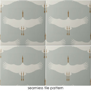 Dusty Blue Neutral Birds Cranes Art Deco Patroon Tegeltje