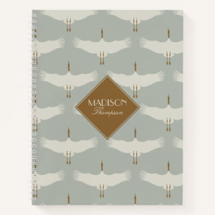 Dusty Blue Neutral Birds Zwanen Art Deco Monogram Notitieboek