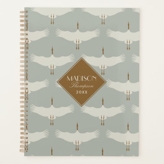 Dusty Blue Neutral Birds Zwanen Art Deco Monogram Planner (Voorkant)