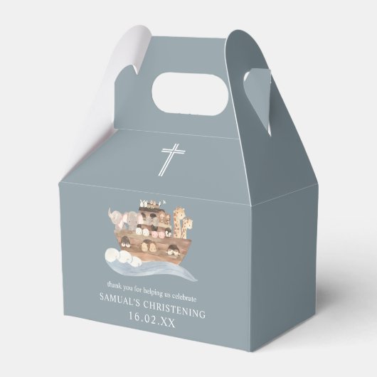 Dusty Blue Noah's Ark Christening Gable Bedankdoosjes (Voorkant Zijde)