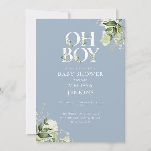 Dusty Blue Oh Boy Greenery QR Code Baby shower Kaart (Voorkant)