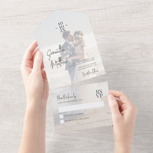 Dusty Blue Paar Foto bruiloft Jubileum All In One Uitnodiging (Afscheurbaar)