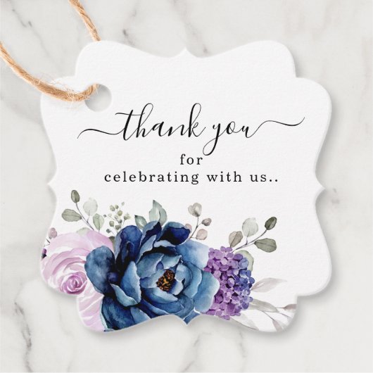 Dusty Blue Paars Blooms Weddenschap Bedankt Bedankjes Labels (Voorkant)