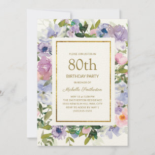 Dusty Blue Paars Floral Gold 80th Birthday Kaart