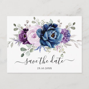 Dusty Blue Paars Navy Lila Blooms Sla de datum op Briefkaart