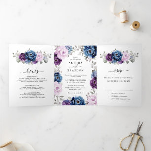 Dusty Blue Paars Navy Lila Blooms Weddenschap Drieluik Aankondiging