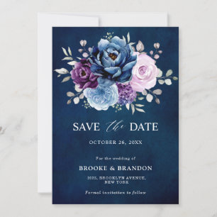 Dusty Blue Paars Navy Lila Blooms Weddenschap Save The Date