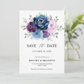 Dusty Blue Paars Navy Lila Blooms Weddenschap Save The Date (Staand voorkant)