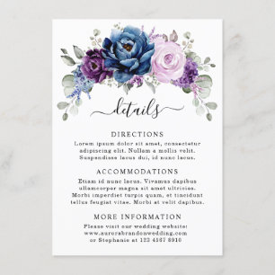 Dusty Blue Paars Navy Lila Blooms Wedding Detail Informatiekaartje