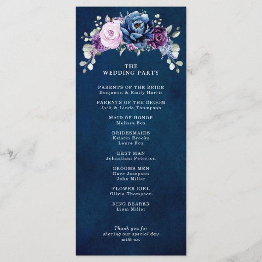 Dusty Blue Paars Navy Lila Blooms Wedding Progra Programma (Achterkant)