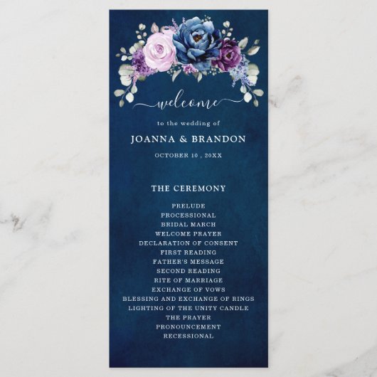 Dusty Blue Paars Navy Lila Blooms Wedding Progra Programma (Voorkant)
