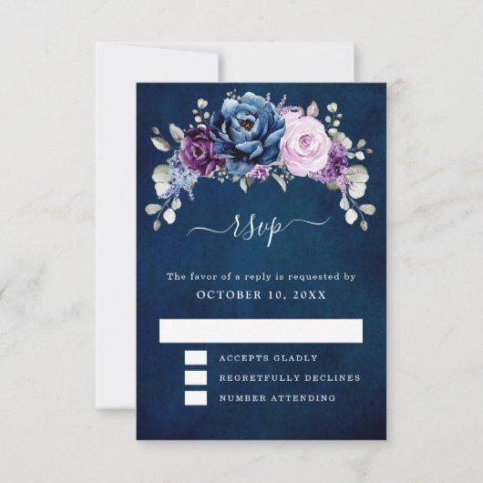 Dusty Blue Paars Navy Lila Blooms Wedding RSVP C (Voorkant)