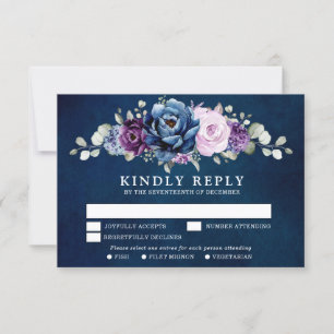 Dusty Blue Paars Navy Lila Blooms Wedding RSVP C