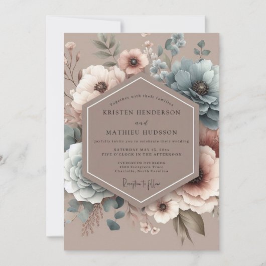 Dusty Blue Painterly Bloom Wedding Kaart (Voorkant)