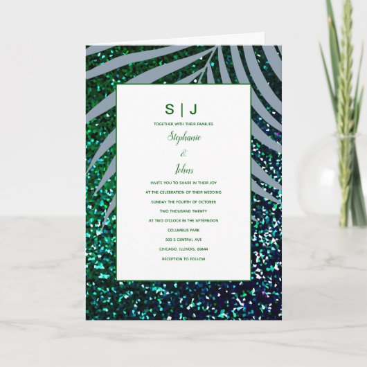 Dusty Blue Palm Leaves Green Glitter Wedding (Voorkant)