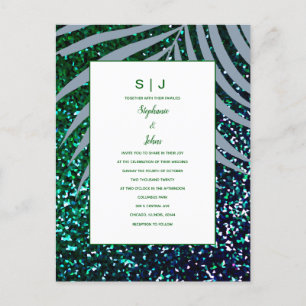 Dusty Blue Palm Leaves Green Glitter Wedding Uitnodiging Briefkaart
