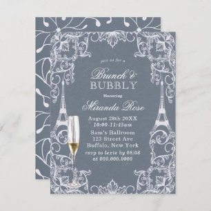 Dusty Blue Paris France Brunch & Bubble Invitation Kaart