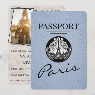 Dusty Blue Paris Passport Bewaar de datum Save The Date