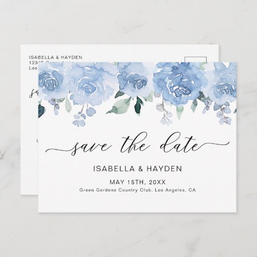 Dusty Blue Pastel Floral Light Boho Save the Date Aankondigingskaart (Voorkant / Achterkant)