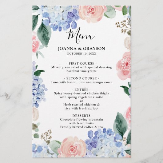 Dusty Blue Pastel Pink hydrangeas Mariage Menu (Devant)