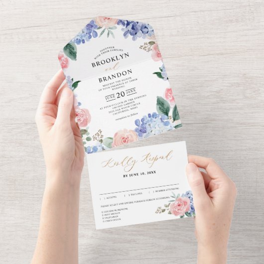 Dusty Blue Pastel Pink hydrangeas Weddenschap All  All In One Uitnodiging (Afscheurbaar)