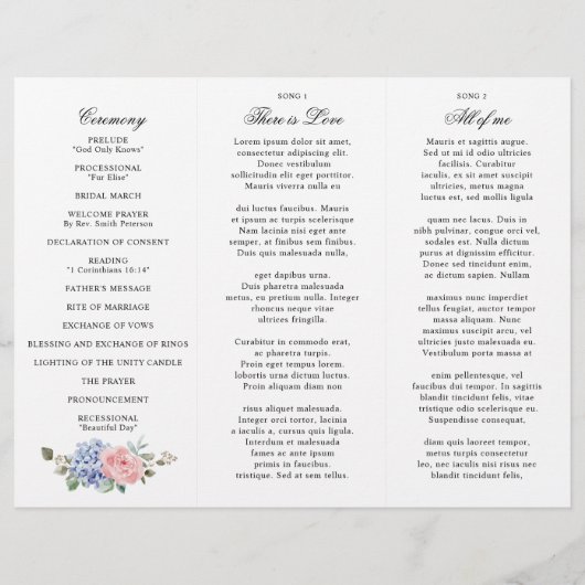 Dusty Blue Pastel Pink hydrangeas Wedding Programm (Achterkant)