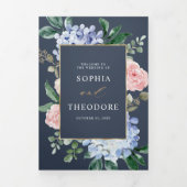 Dusty Blue Pastel Pink hydrangeas Wedding Tri-Fol Drieluik Aankondiging (Cover)
