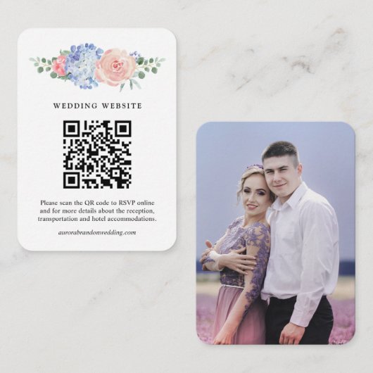 Dusty Blue Pastel Roze hortensia's bruiloft QR-cod Informatiekaartje (Voorkant / Achterkant)