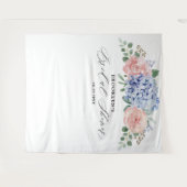 Dusty Blue Pastel Roze hortensia's Vrijgezellenfee Wandkleed (Voorkant (horizontaal))