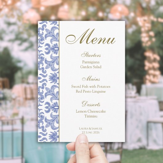 Dusty Blue Patterned Bruiloft Menu