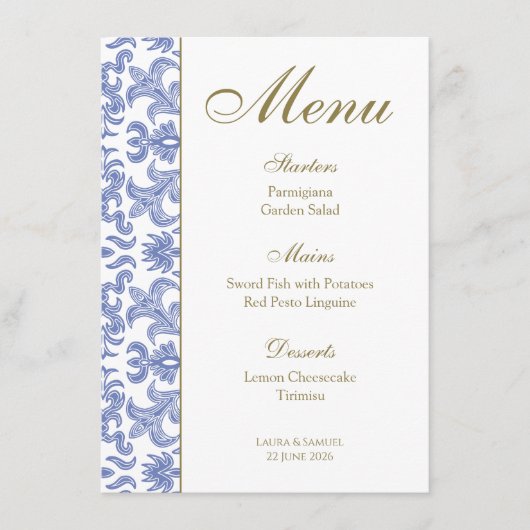 Dusty Blue Patterned Bruiloft Menu (Voorkant)