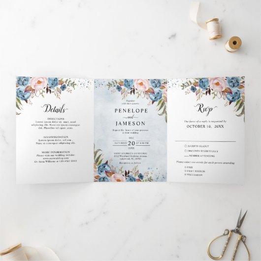 Dusty Blue Peach Blush Boho Wedding Invitation Drieluik Programma (Binnen)