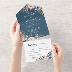 Dusty Blue Peach Blush Botanical Floral Wedding Al All In One Uitnodiging