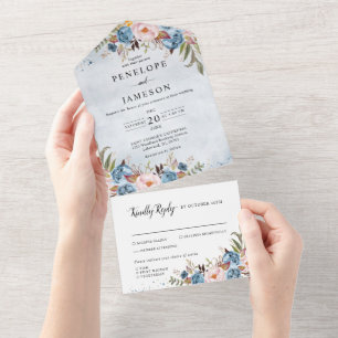 Dusty Blue Peach Blush Botanical Floral Wedding All In One Uitnodiging