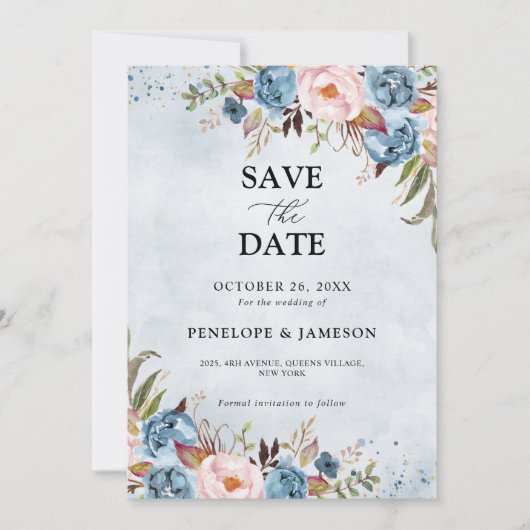 Dusty Blue Peach Blush Botanical Floral Wedding Save The Date (Voorkant)