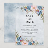 Dusty Blue Peach Blush Botanical Floral Wedding Save The Date (Voorkant / Achterkant)
